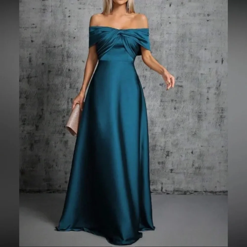 Luxe Satin Off Shoulder Evening Prom Party Formal Wedding Dress - Picture 3 of 16